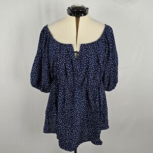 Bloomchic Blouse Women's 2X Blue White Polka Dot Notched Neck Short Sleeve NWT